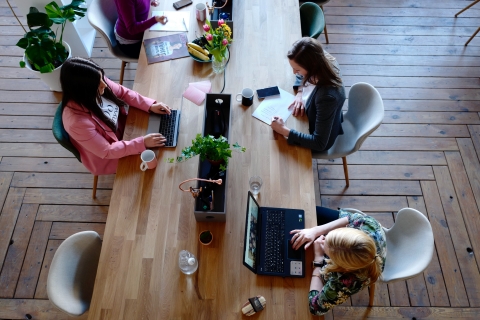 People sitting at a long conference table with laptops